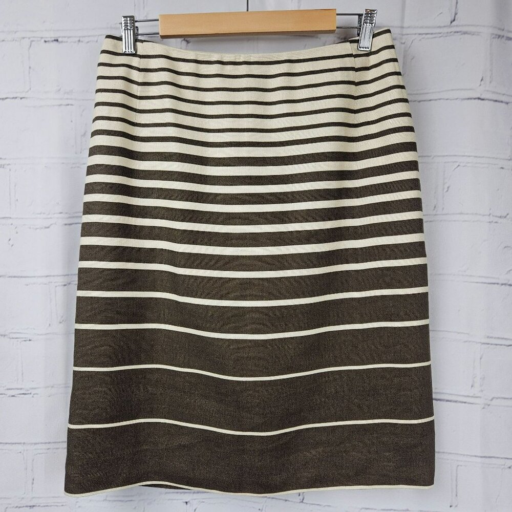 Valentino Brown Cream Striped Linen Blend Tailored Pencil Skirt Womens 12 Work